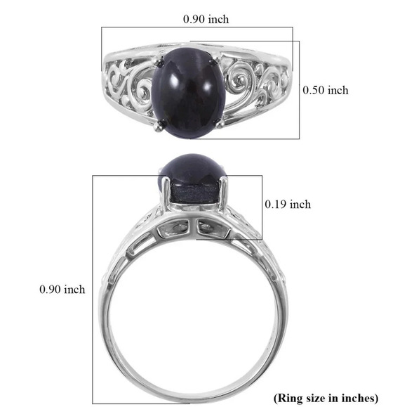 Black Cat's Eye Solitaire Ring In Platinum Over 925 Sterling Silver - Picture 5 of 5